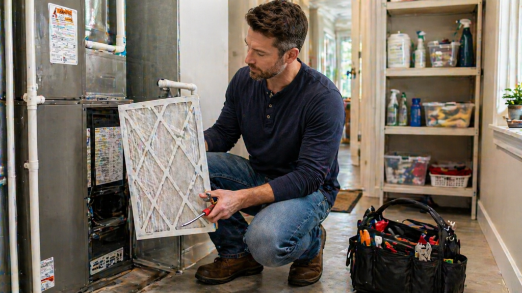 Homeowner performing DIY home maintenance tasks with tools showing beginner-friendly upkeep