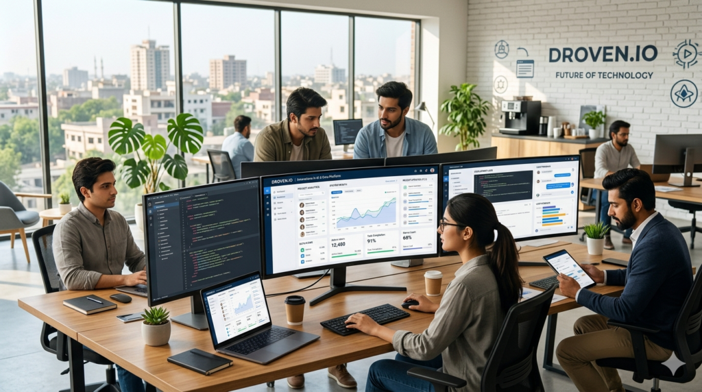 Professional workspace showing what is Droven.io platform interface and digital technology environment
