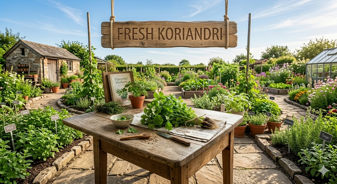 Koriandri fresh herb showing leaves and stems used in cooking and culinary applications