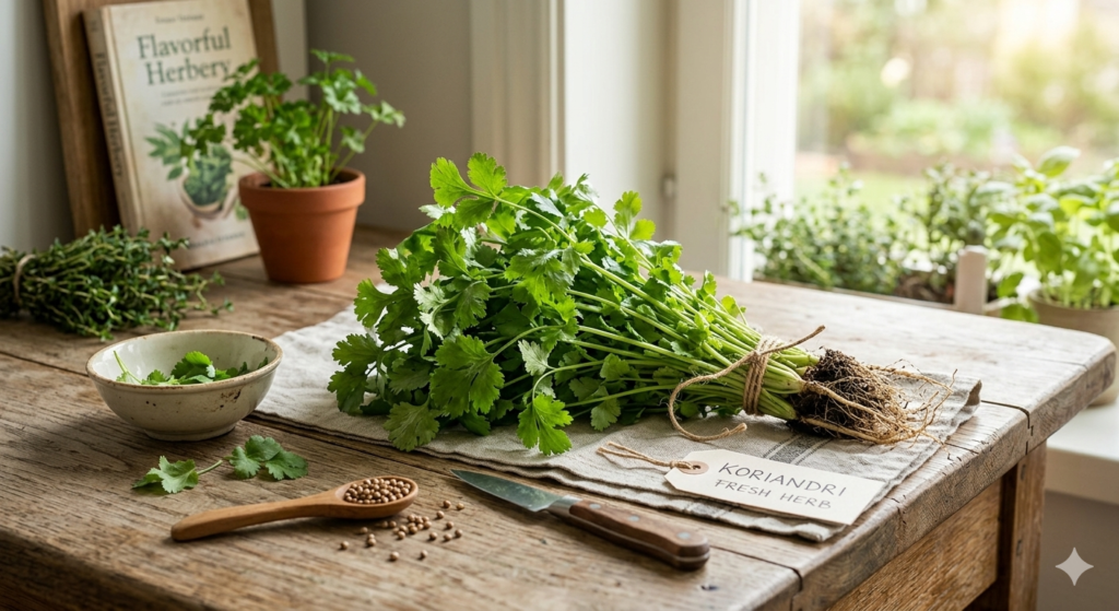 Koriandri fresh herb showing leaves and stems used in cooking and culinary applications
